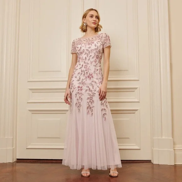 Adrianna Papell | Dresses | Hp Nwt Adrianna Papell Hand Beaded Short Sleeve  Floral Godet Gown Blush Pink | Poshmark